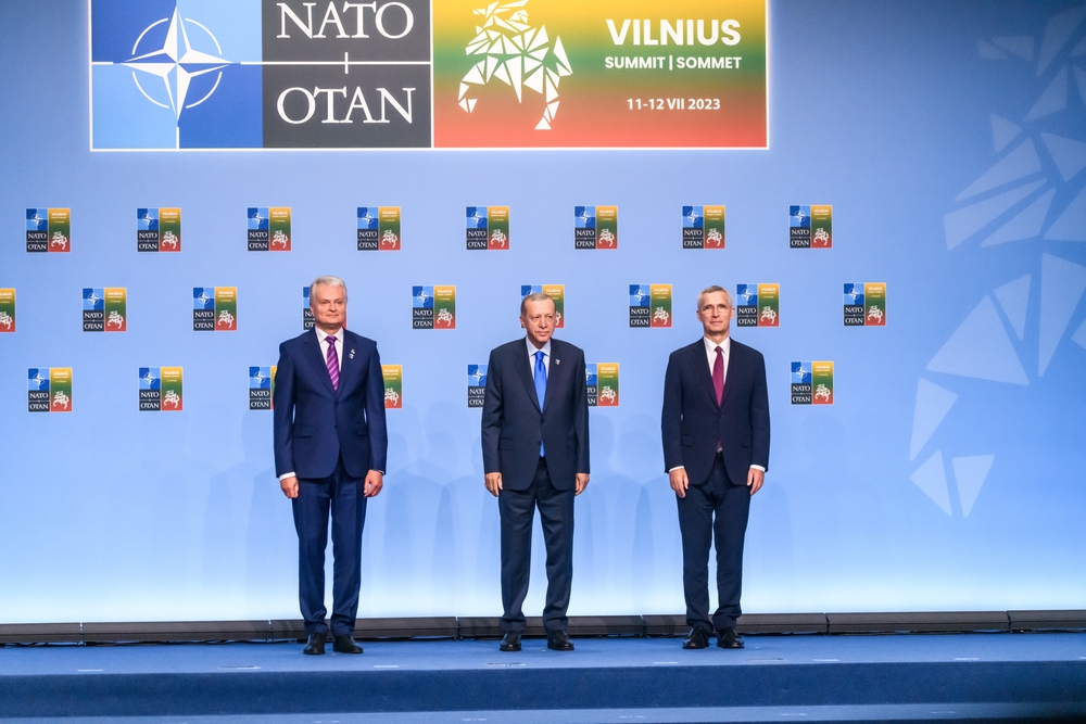 Lithuania President Gitanas Nauseda, Prime Minister Alexander De Croo and NATO Secretary General Jens Stoltenberg pictured during a head of states summit of the NATO